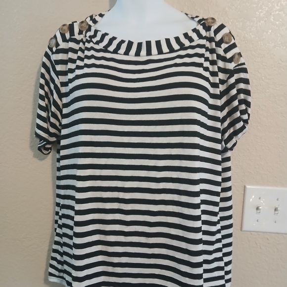 Poof! Tops - Poof! Striped Short Sleeve Top with Button Accents